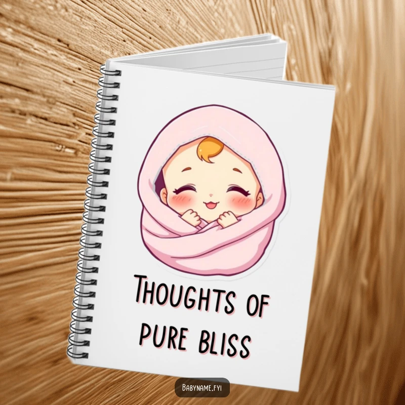 Funny notebook with a contented baby smiling, wrapped in a soft blanket. Ideal for peaceful note-taking.