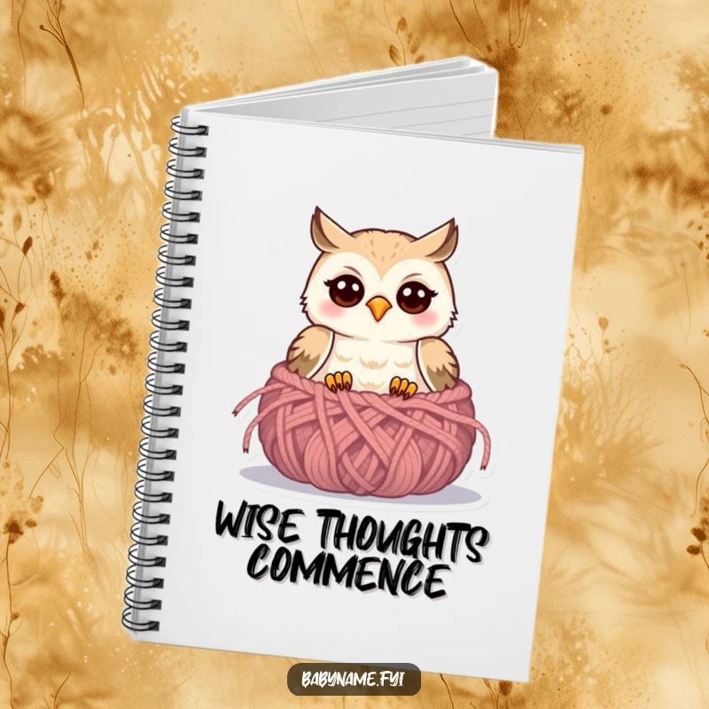 Funny baby owl notebook with a cute owlet peeking from a knitted nest, perfect for journaling and ideas.