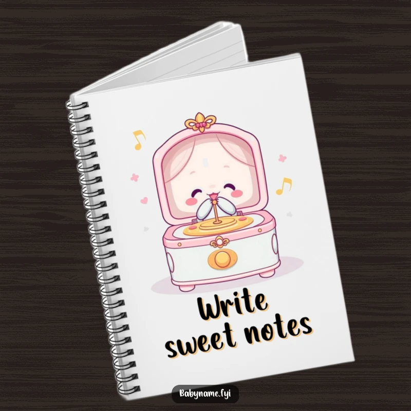 Funny notebook with a cheerful lullaby music box playing merrily, perfect for jotting down notes, song lyrics, or creative ideas.