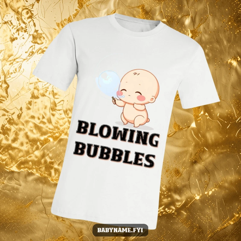 Funny baby bubble blower t-shirt, a cute baby character blowing a huge, transparent bubble with a happy expression.