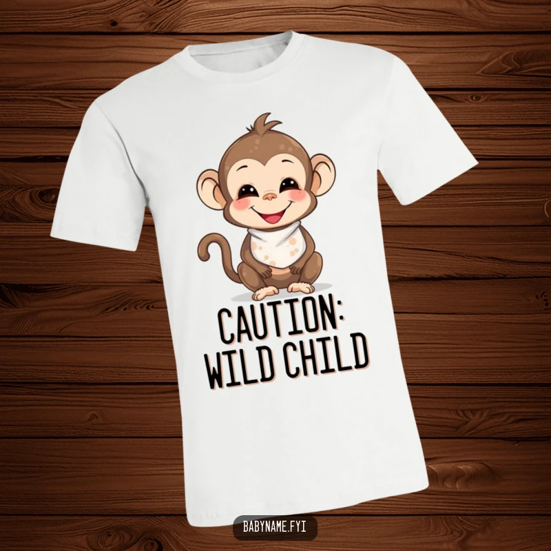 Funny smiling baby monkey wearing a bib, covered in colorful, playful food smudges, looking happy and mischievous on this t-shirt.