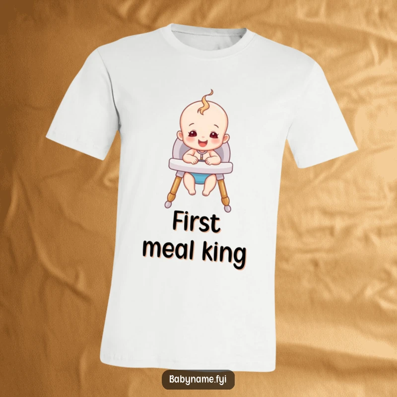 Funny Happy Baby T-Shirt featuring a cute baby sitting happily in a cozy high chair, designed for comfort and smiles.