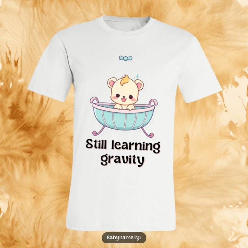 Funny baby animal character in motion, bouncing excitedly within a cradle, wearing a cheeky grin, perfect funny t-shirt.