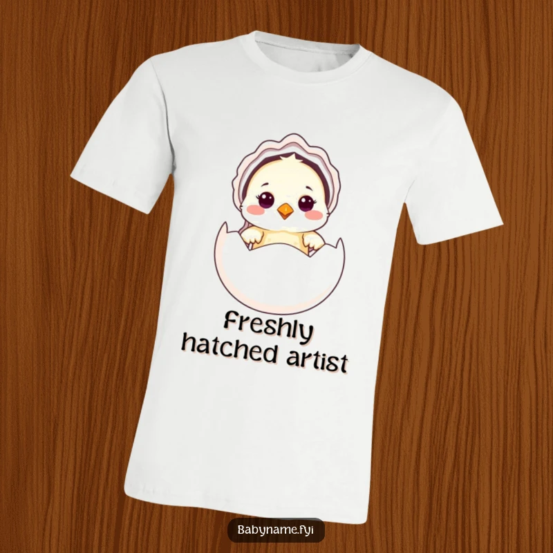 Funny Baby Bird T-Shirt depicts a cute baby bird in a bonnet, peeking out of an egg, a humorous gift for all ages.