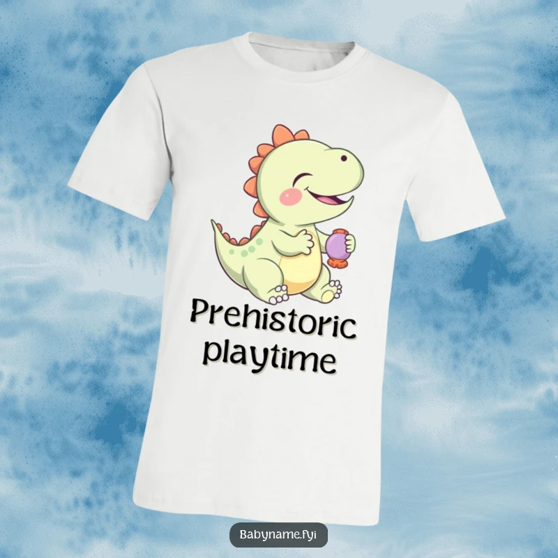 Funny T-Shirt showcasing a giggling baby dinosaur happily playing with a rattle, embodying playful prehistoric charm.