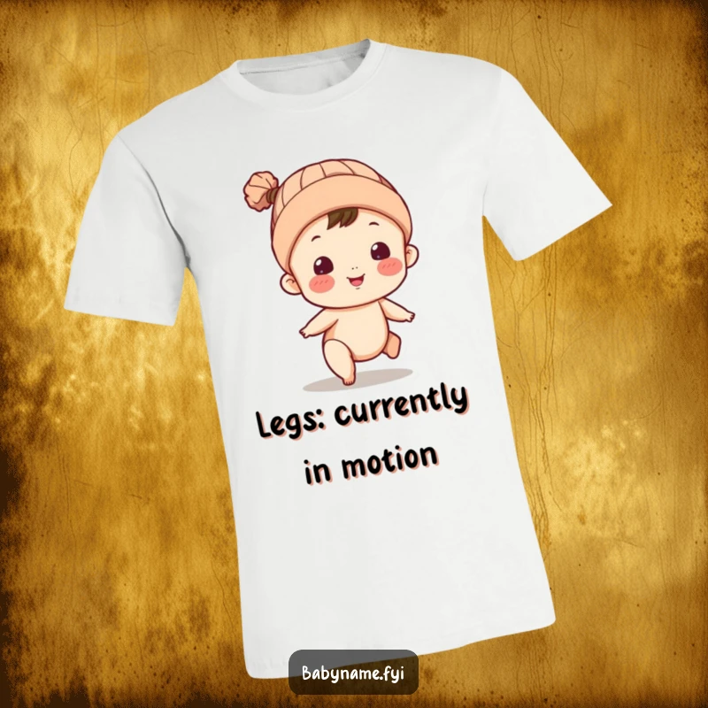 Funny t-shirt with a baby character in a knitted cap, hilariously kicking legs, expressing pure joy. Great gift.