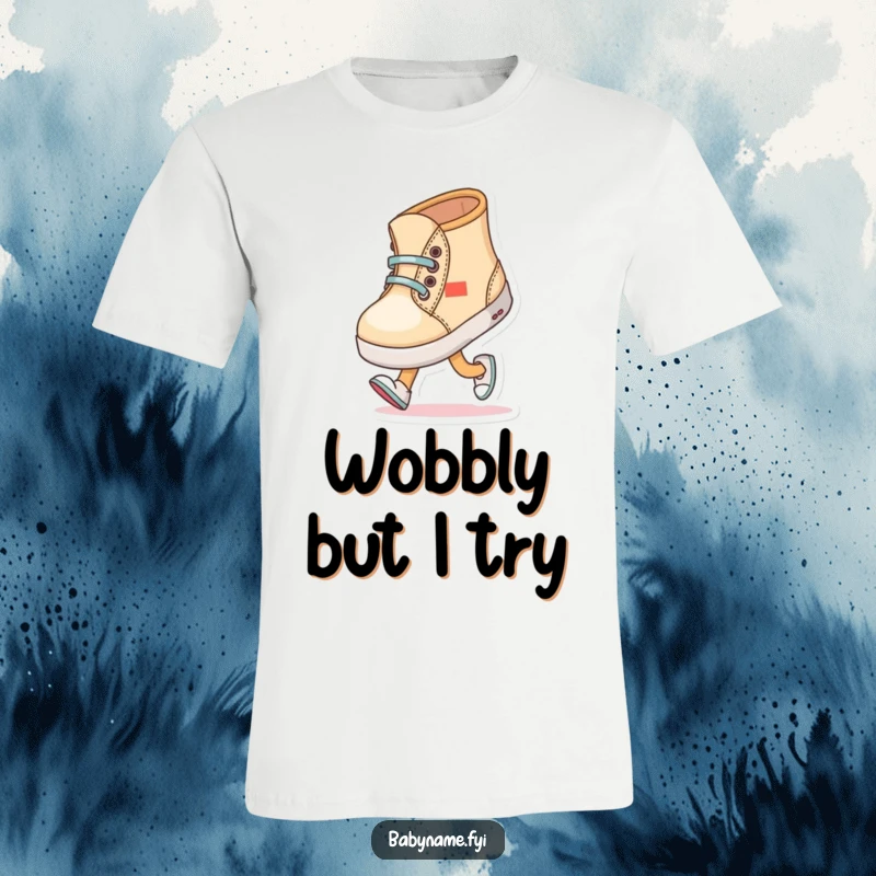 Funny baby shoe character comically trying to walk with wobbly steps, printed on a soft and humorous t-shirt.