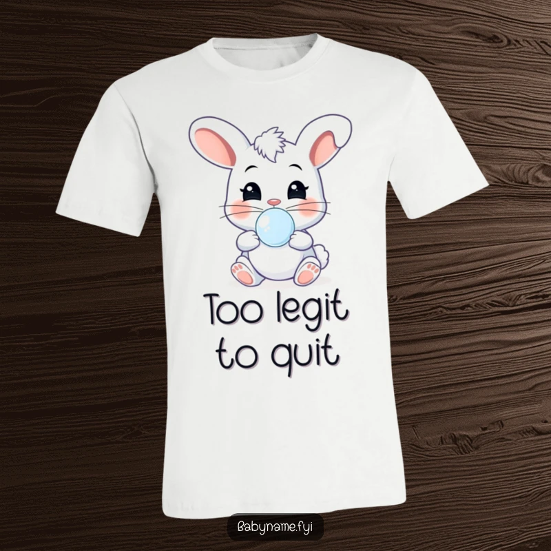Funny cheeky baby bunny with a pacifier, bouncing happily and giggling, radiating pure, infectious amusement on this t-shirt.
