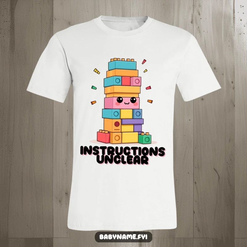 Funny confused building blocks t-shirt, colorful stack attempting to build itself, conveying playful confusion.
