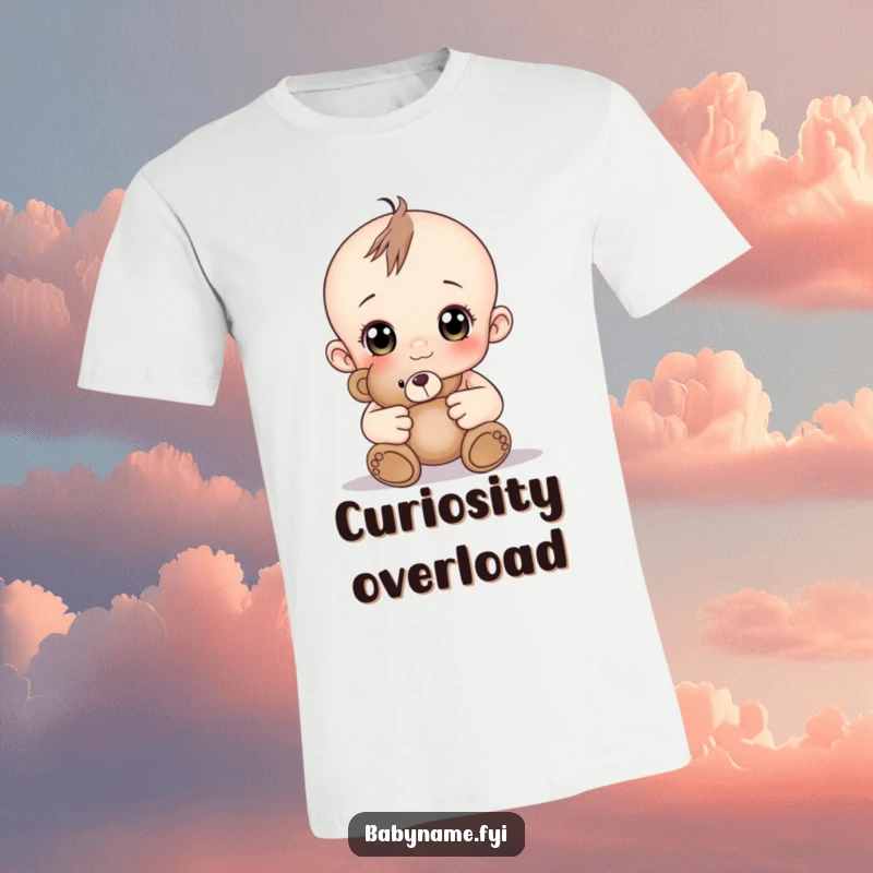 Funny baby with curious eyes clutching a soft teddy bear, a sweet and funny t-shirt.