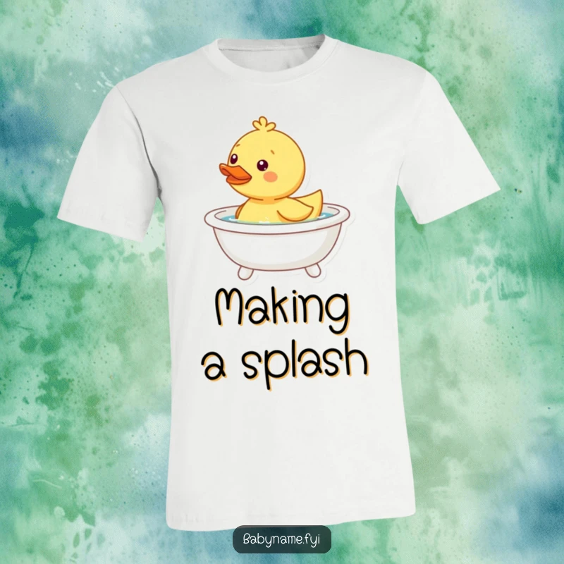 Funny happy duckling t-shirt, bobbing playfully in a tiny bathtub, a cheerful and cute design.