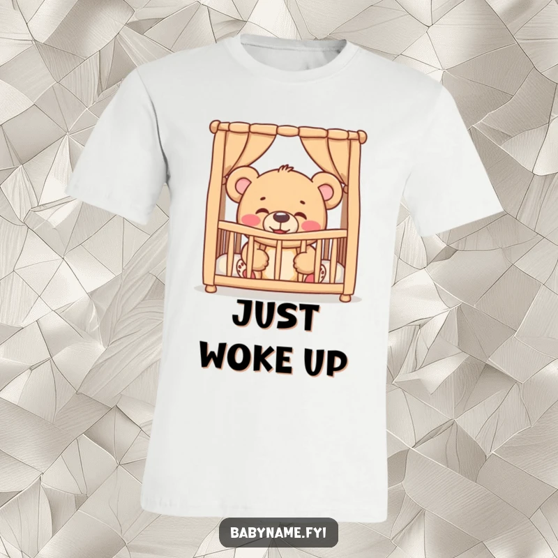 Funny giggling teddy bear peeking from a crib, depicted on a soft t-shirt, showcasing adorable and humorous baby moments.