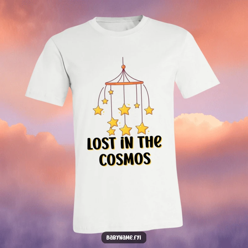 Funny curious mobile t-shirt, with hanging stars spinning slowly, perfect for those who love the night sky.