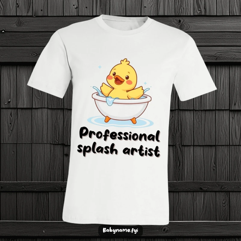 Funny rubber duck character joyfully splashing in a tiny bathtub, printed on a comfortable and funny t-shirt.