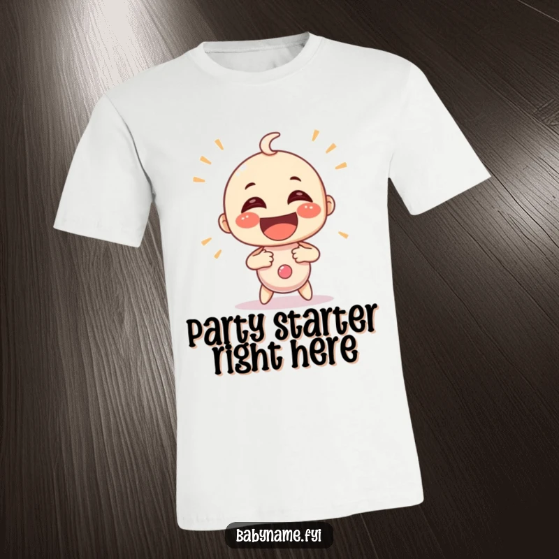 Funny baby rattle character shaking with over-the-top glee, printed on a soft t-shirt. A humorous apparel item.