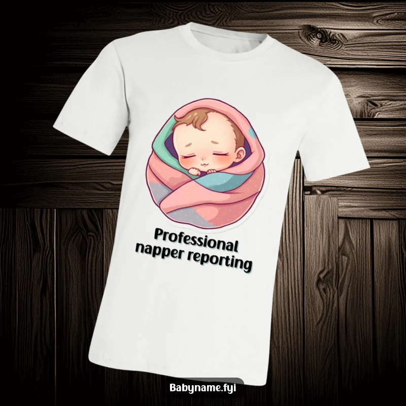 Funny sleep baby t-shirt featuring a cuddly character snoozing soundly, wrapped in colorful, cozy blankets.
