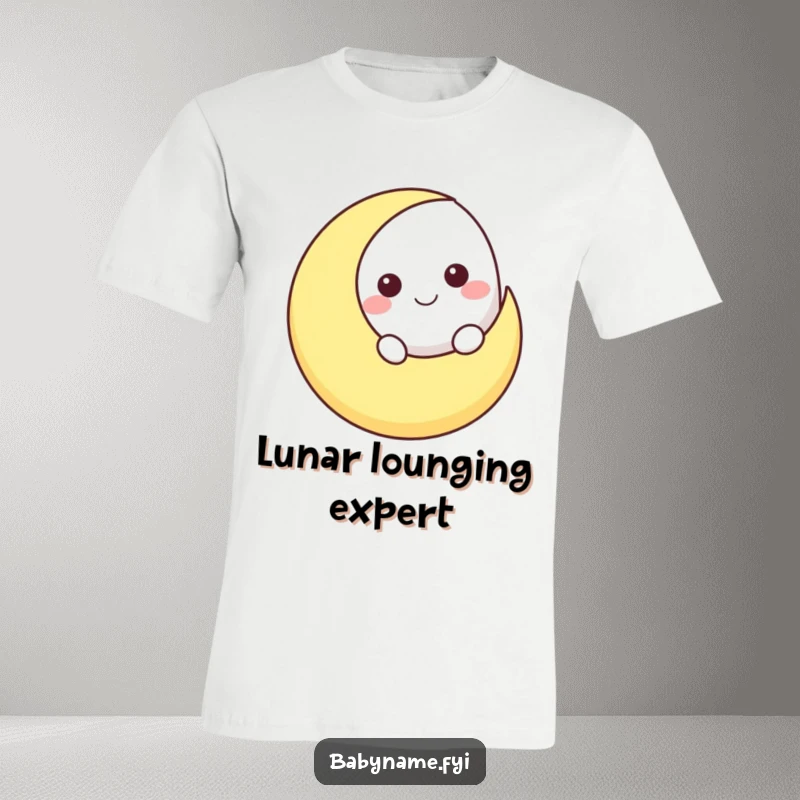Funny smiling moon character peeking over a crescent moon shape, printed on a soft and humorous celestial t-shirt.
