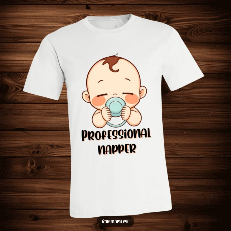Funny t-shirt featuring a sweet, sleepy baby with rosy cheeks holding a pacifier, embodying tranquility.
