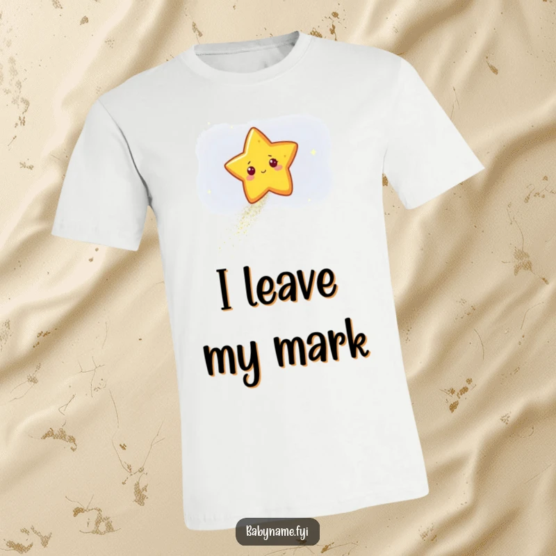 Funny star character leaving a sparkling trail of glitter across a dark sky, printed on a soft and humorous celestial t-shirt.