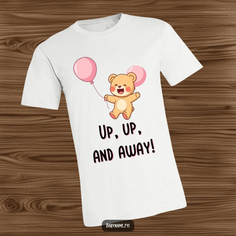 Funny T-Shirt: A giggling teddy bear joyfully floats upwards on a balloon, embodying carefree happiness and whimsical adventure.