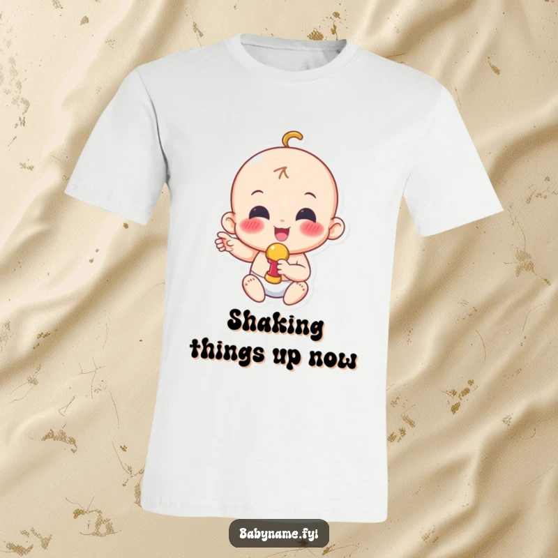 Funny waving baby t-shirt depicting an ecstatic baby character gleefully shaking a small rattle with infectious excitement.