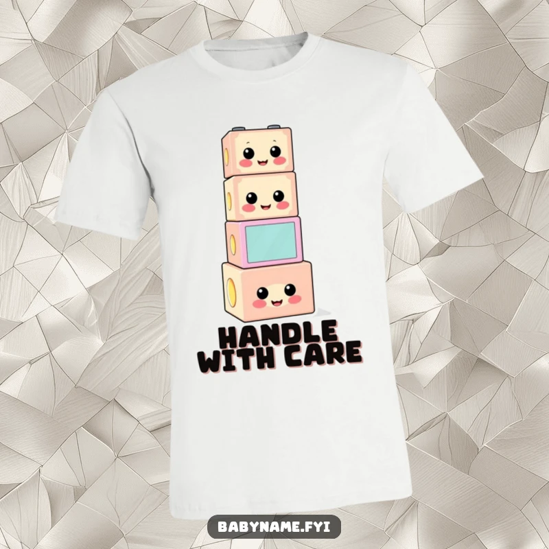 Funny building block t-shirt showing a cheerful character, humorously stacked precariously, symbolizing fun balance.
