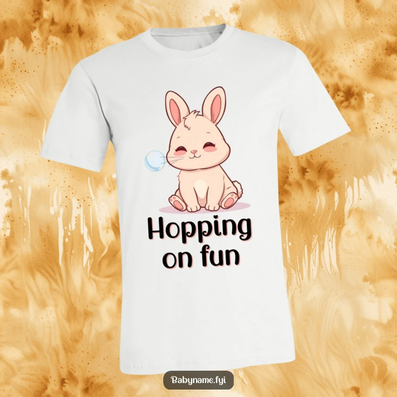 Funny T-Shirt showcasing a playful baby bunny happily blowing a bubble, embodying cute mischief and gentle humor.