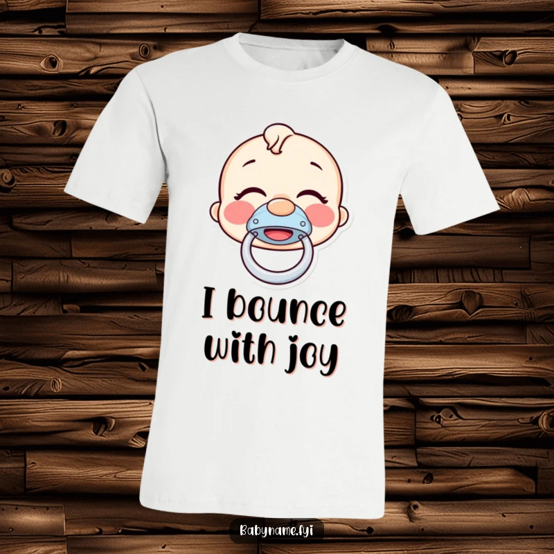 Funny pacifier t-shirt with a giggling pacifier mid-bounce, a humorous design capturing infectious joy and baby silliness.