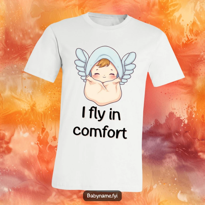 Funny baby blanket t-shirt with a cute blanket flapping like wings, a humorous design capturing playful imagination and gentle movement.