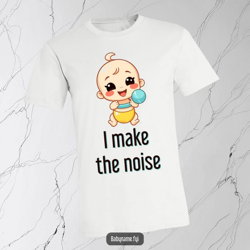 Funny baby rattle t-shirt featuring a smiling rattle shaking wildly, a humorous design capturing playful energy and baby silliness.