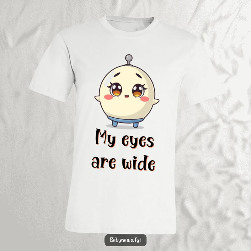 Funny baby mobile t-shirt with a mobile spinning with wide, surprised eyes, a humorous design capturing comical shock and baby antics.