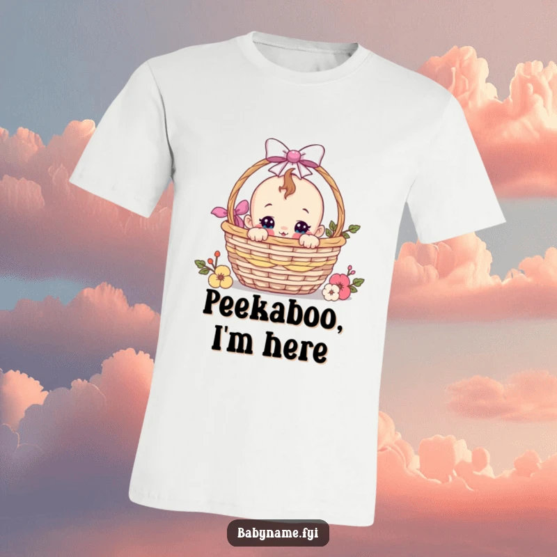 Funny curious baby peeking from a gift basket, printed on a t-shirt, capturing a moment of playful anticipation and humor.
