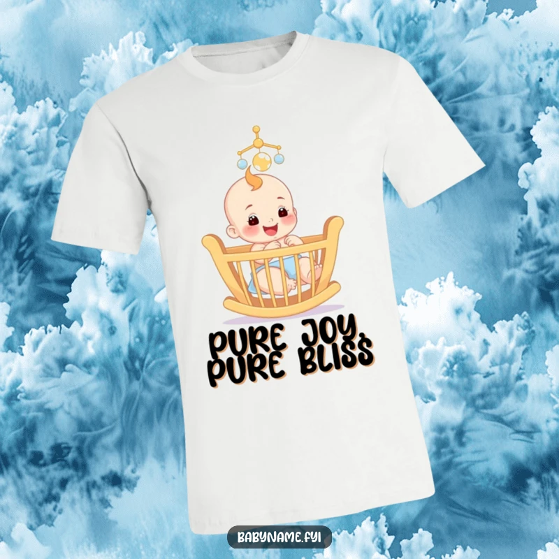 Funny t-shirt of a smiling baby joyfully interacting with a small, colorful mobile above a crib, highlighting innocent delight.