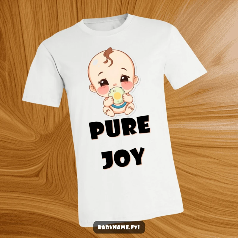 Funny giggling baby pacifier t-shirt, a cute baby character holding a pacifier, grinning widely with infectious delight.