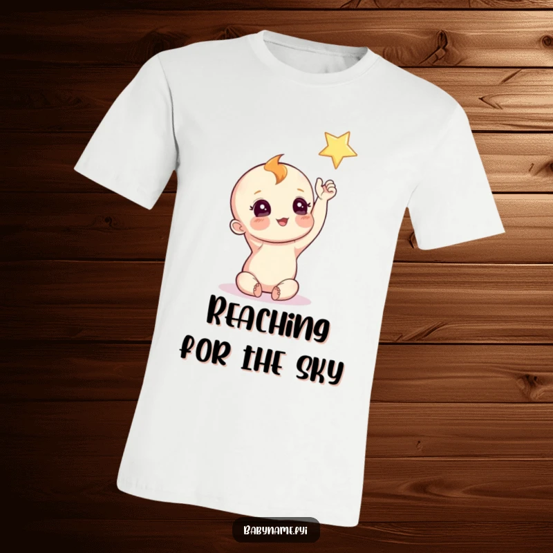 Funny Baby Reaching Star T-Shirt of a curious baby reaching for a twinkling star, a symbol of dreams.