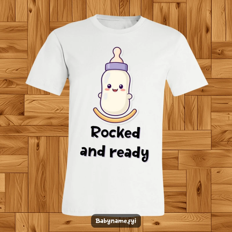 Funny baby bottle t-shirt with a smiling face, gently rocking, symbolizing the sweet, nurturing moments of early parenthood.