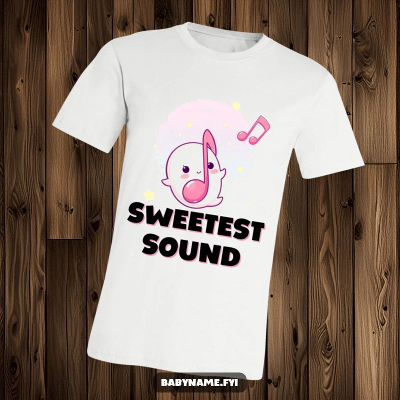Funny lullaby musical note t-shirt, gently floating upwards with a sweet expression, representing peaceful joy.