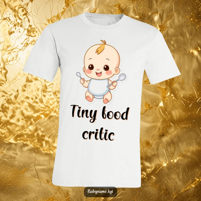 Funny baby t-shirt with a smiling baby character wearing a bib and holding a spoon. Adorable and humorous apparel for little ones.