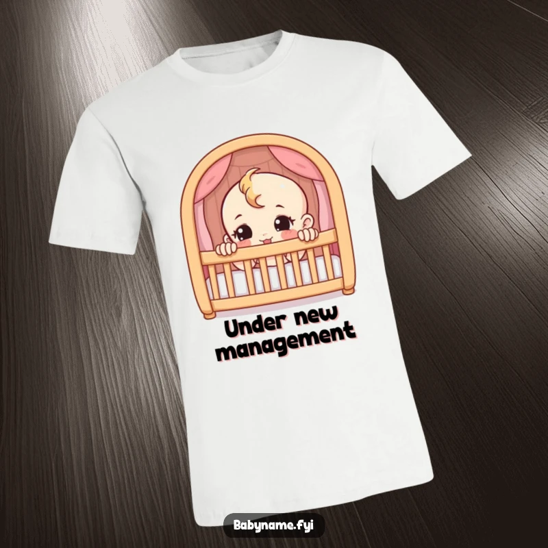Funny t-shirt with a mischievous baby character peeking from a crib. Cute and playful design.