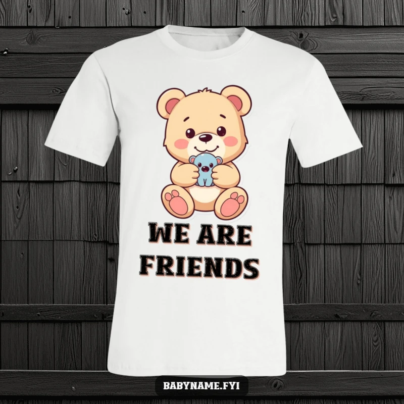Funny t-shirt featuring a happy teddy bear affectionately holding a miniature toy, radiating warmth and innocent fun.