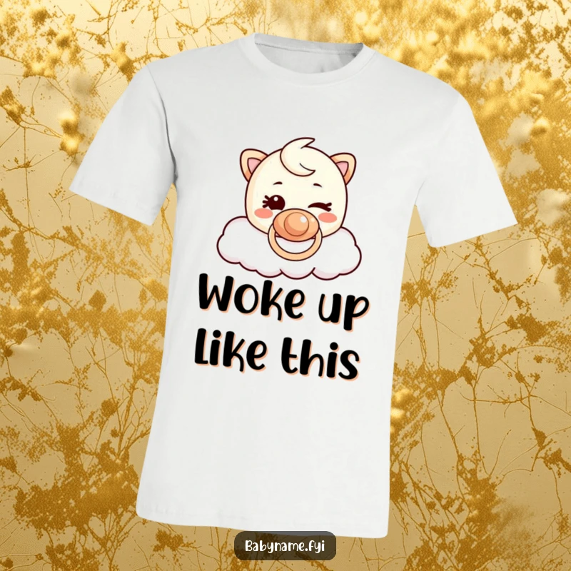 Funny Pacifier Cloud T-Shirt: Cartoon pacifier character giving a mischievous wink while drifting on a fluffy cloud.