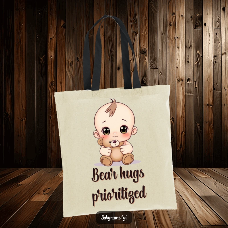 Funny baby with curious eyes holding a soft teddy bear, a cute and funny tote bag.