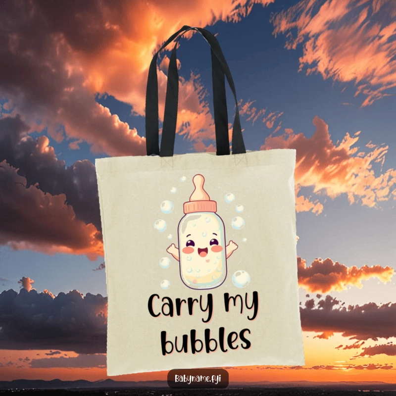 Funny baby bottle tote bag with a bottle overflowing with cheerful bubbles, a humorous and practical accessory for everyday use.
