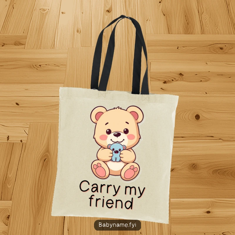 Funny tote bag featuring a happy teddy bear gently holding a tiny toy, perfect for carrying books, groceries, or daily essentials.
