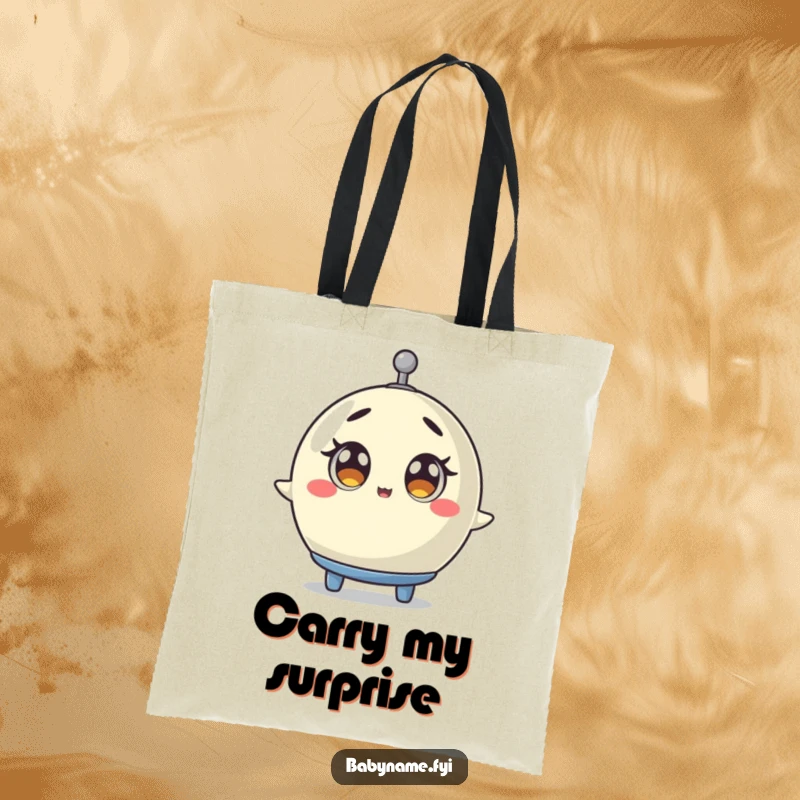 Funny baby mobile tote bag with a mobile spinning with wide, surprised eyes, a humorous and practical accessory for everyday use.