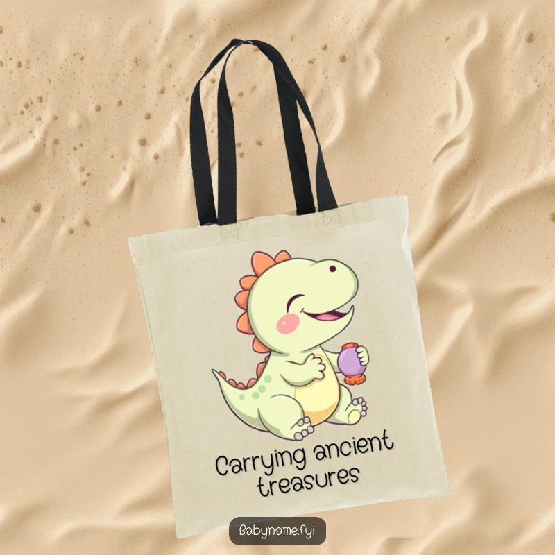 Funny Tote Bag featuring a giggling baby dinosaur playing with a rattle, a charming and practical accessory for dinosaur enthusiasts.
