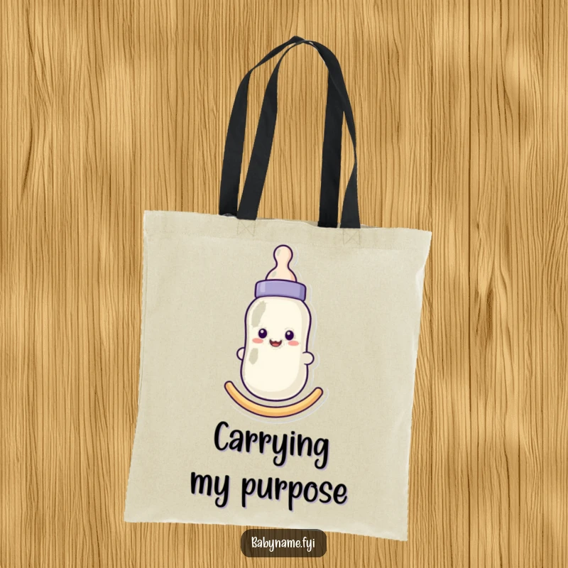 Funny baby bottle tote bag with a smiling face, gently rocking, perfect for carrying baby essentials with love and humor.