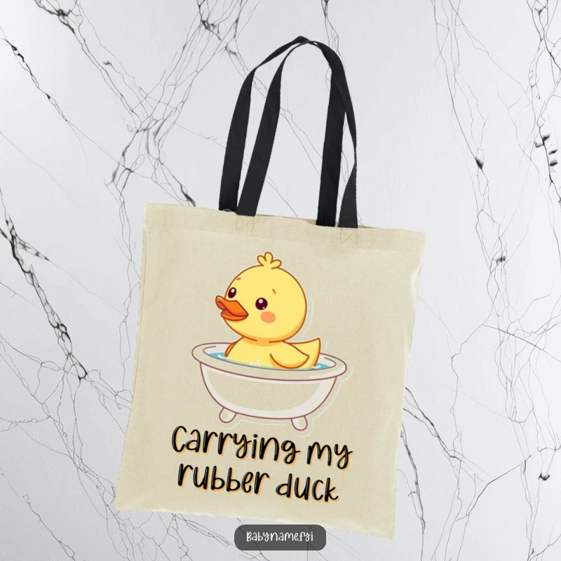 Funny happy duckling tote bag, bobbing in a tiny bathtub, a cute and practical accessory.