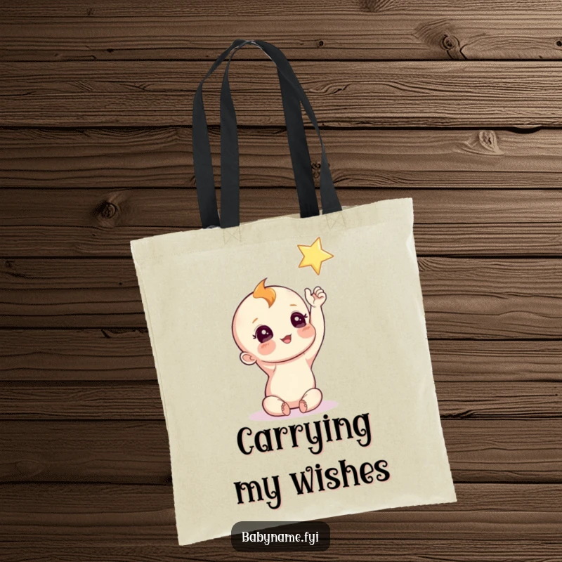 Funny Baby Star Tote Bag showing a curious baby reaching for a twinkling star, perfect for carrying dreams.