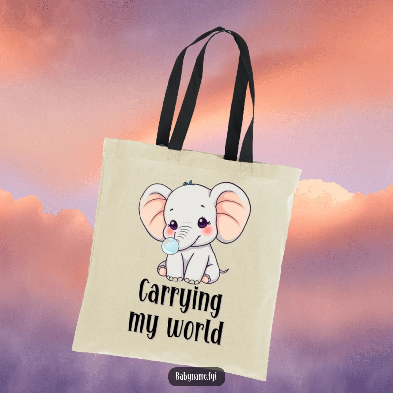 Funny kawaii baby elephant with its signature large ears, blowing a tiny bubble, creating a whimsical and humorous scene on this tote bag.